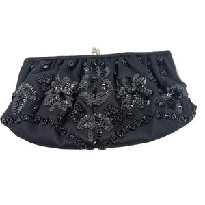 Franchi Women Black Beaded Sequin Floral Evening Clutch Bag Kiss Lock Rhinestone